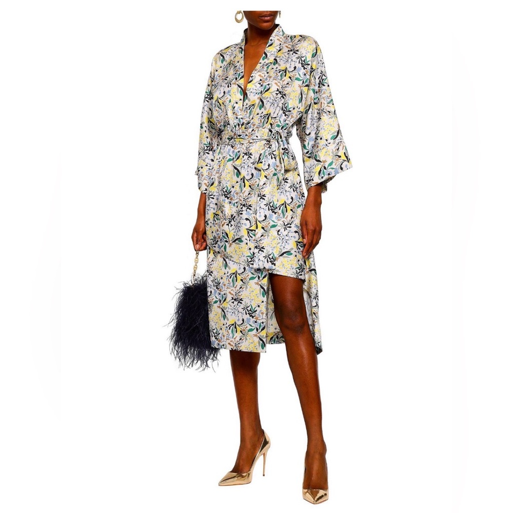NEW Robert Rodriguez Floral Satin Wrap Midi Dress in Cream and Yellow